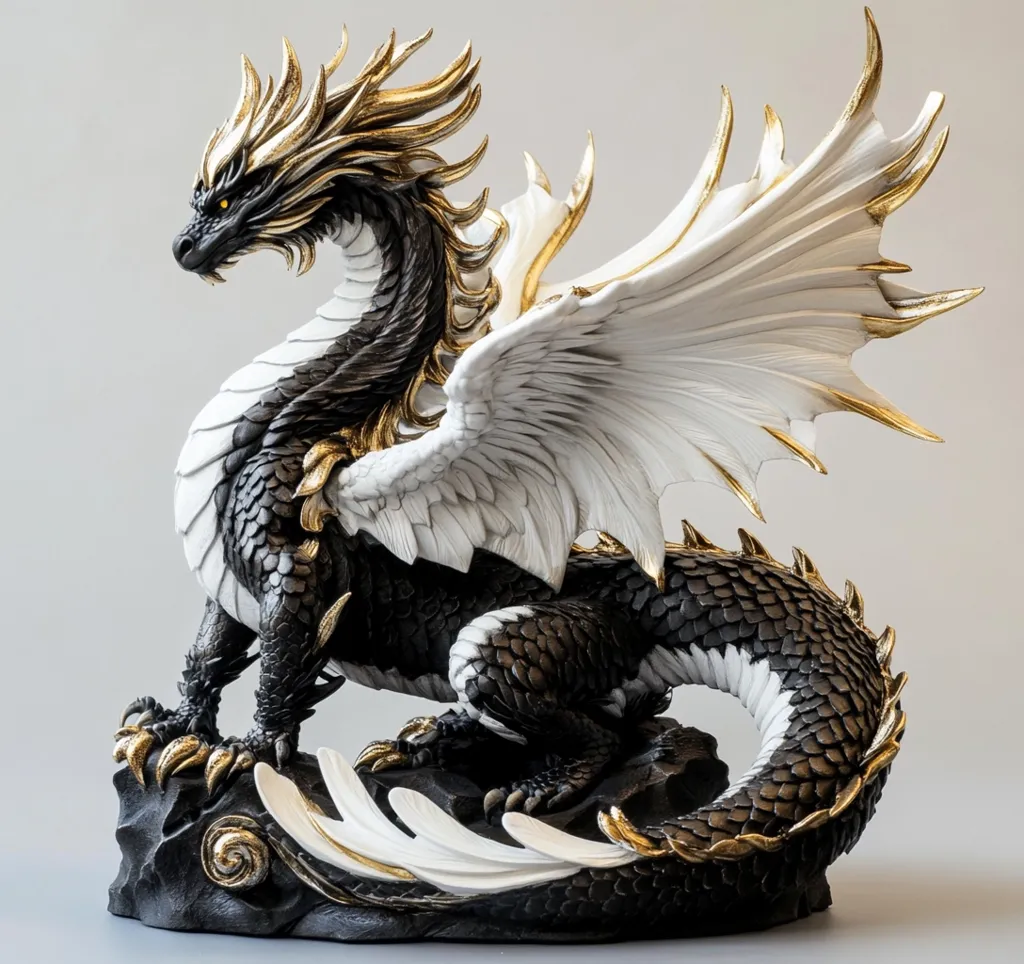 A stunning statue of a dragon, predominantly black and white with gold accents, commands attention.  Its intricate scales, large wings, and majestic pose are meticulously detailed.  The dragon is perched on a dark base, with additional white accents echoing the wing design. Gold highlights add a touch of elegance to its scales and mane.  The piece is a striking example of fantasy creature artistry.