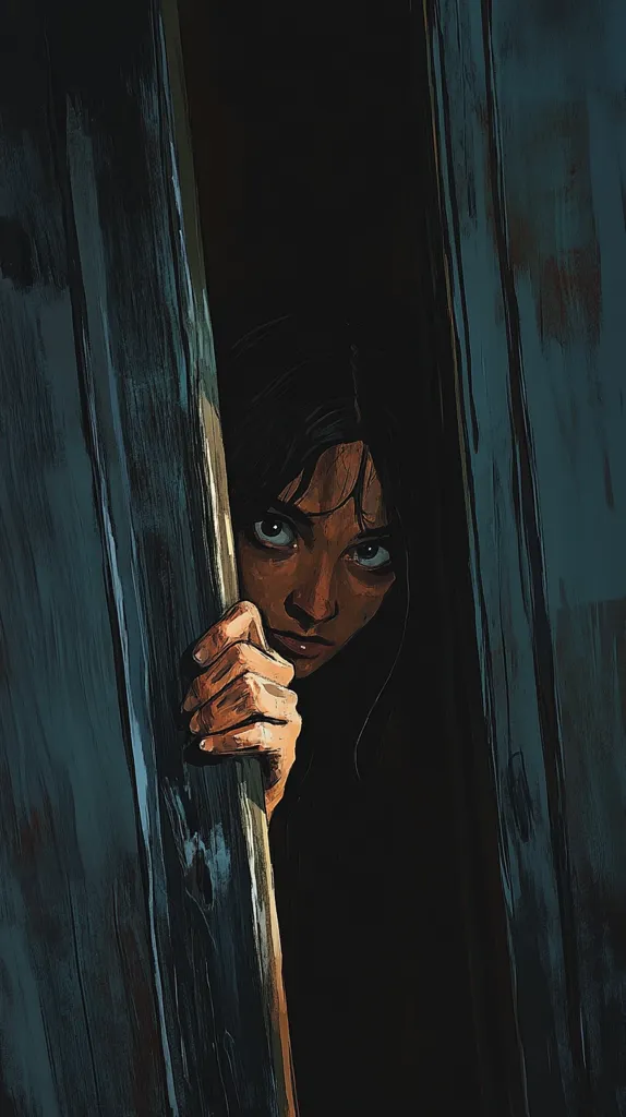 A young woman with dark hair and intense eyes peers from behind a weathered wooden doorjamb. Her hand grips the wood, her expression a mixture of fear and determination. The dark, shadowy background emphasizes the mystery and suspense surrounding her situation. The image evokes a sense of unease and hints at a story of hidden secrets or escape.  The painterly style creates a mood of foreboding.