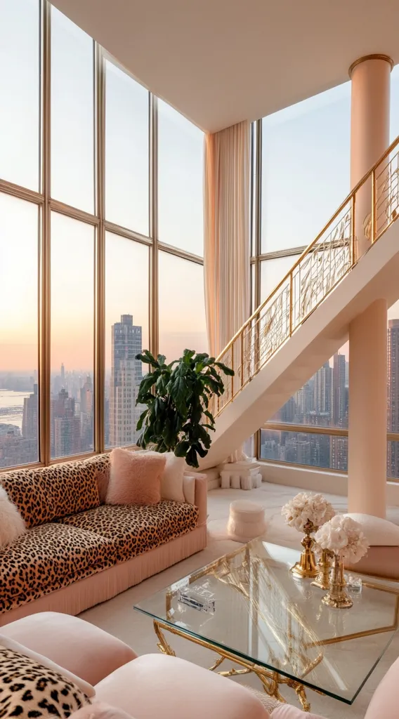 A luxurious penthouse living room boasts floor-to-ceiling windows offering breathtaking city views at sunset.  A leopard-print sofa and blush pink accents create a chic and glamorous atmosphere.  A gold-framed staircase ascends elegantly, and a glass coffee table with gold detailing sits in the center, adorned with fresh white flowers. The overall aesthetic is one of refined opulence and calm sophistication.