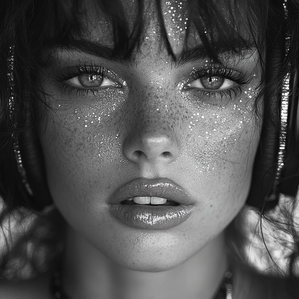 A black and white close-up portrait of a woman with dark hair and bangs.  Her face is adorned with glitter, accentuating her freckles and expressive eyes. She wears headphones, partially visible, suggesting a musical or artistic context. The image evokes a mood of quiet intensity and ethereal beauty.  The focus is sharply on her face, drawing attention to her features and the textured glitter.
