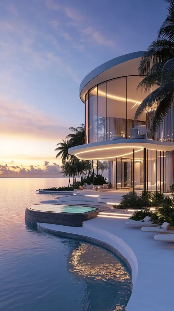 A stunning modern beachfront home boasts a curved glass facade, illuminated from within.  Palm trees frame the property, which features a luxurious infinity pool seamlessly blending with the ocean at sunset.  The design is minimalist and elegant, with clean lines and a calming color palette.  Outdoor lounge chairs provide a tranquil setting to enjoy the breathtaking view.
