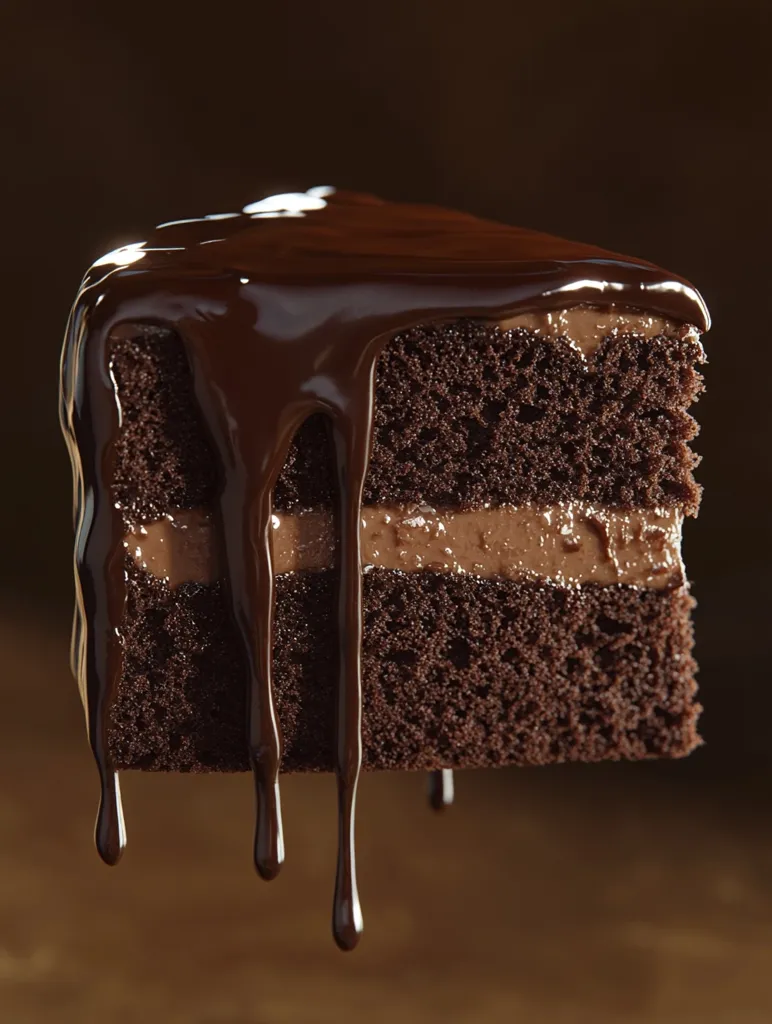A decadent slice of chocolate cake, rich and moist, is showcased.  Layers of chocolate cake are separated by a luscious chocolate mousse filling.  A generous, glossy chocolate ganache flows down the sides, adding to the irresistible appeal. The dark background enhances the cake's deep chocolate tones.
