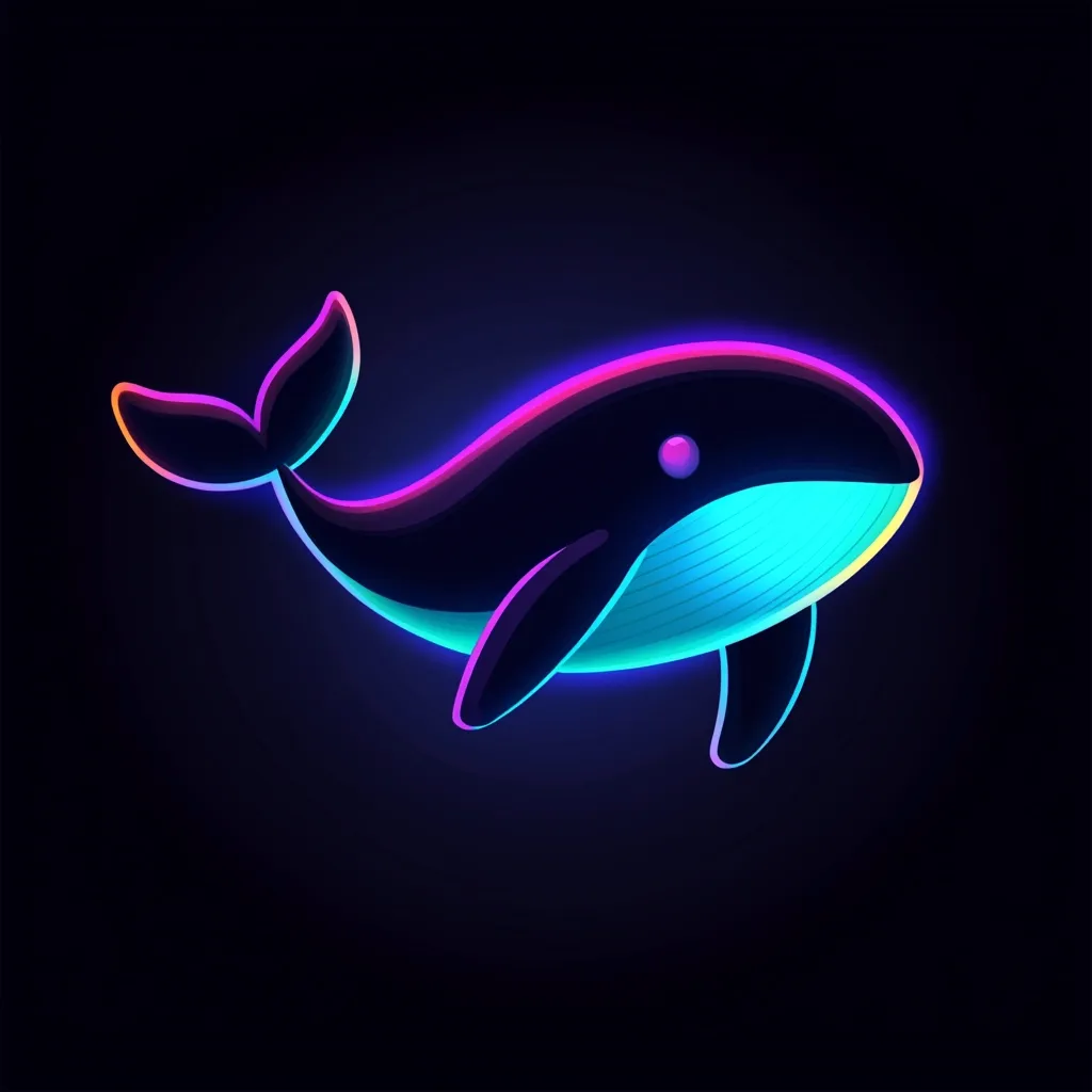A stylized illustration of a whale, outlined in vibrant neon colors against a dark background.  The whale is depicted in a cartoonish style, with a sleek, streamlined body and a playful expression. The neon glow creates a futuristic, almost ethereal effect, making the whale appear luminous and otherworldly.  The color palette is predominantly blues, pinks, and purples.