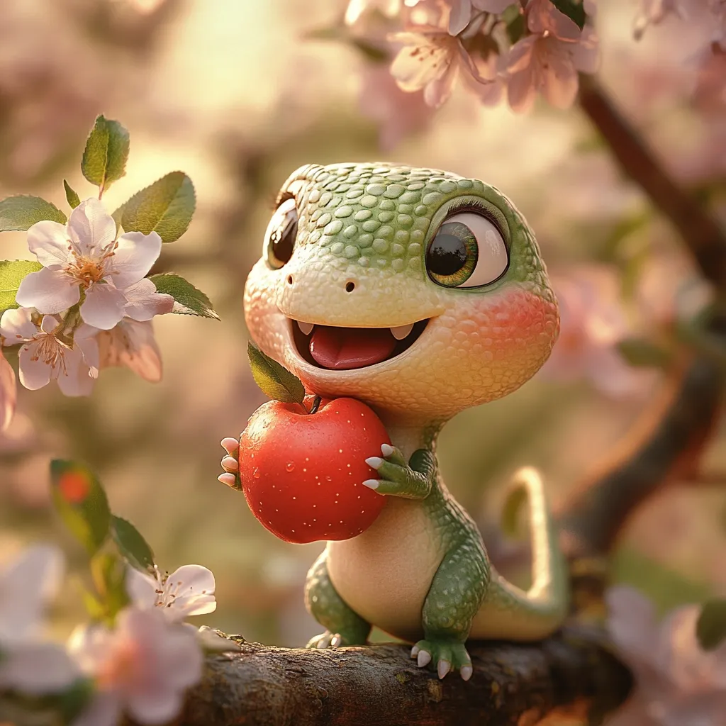 A charming, cartoonish lizard sits on a branch amidst blossoming pink flowers.  Its large, expressive eyes and cheerful smile are endearing. The little lizard holds a bright red apple, adding to its delightful and innocent appearance. The overall scene is soft, warm, and evokes a sense of springtime joy.