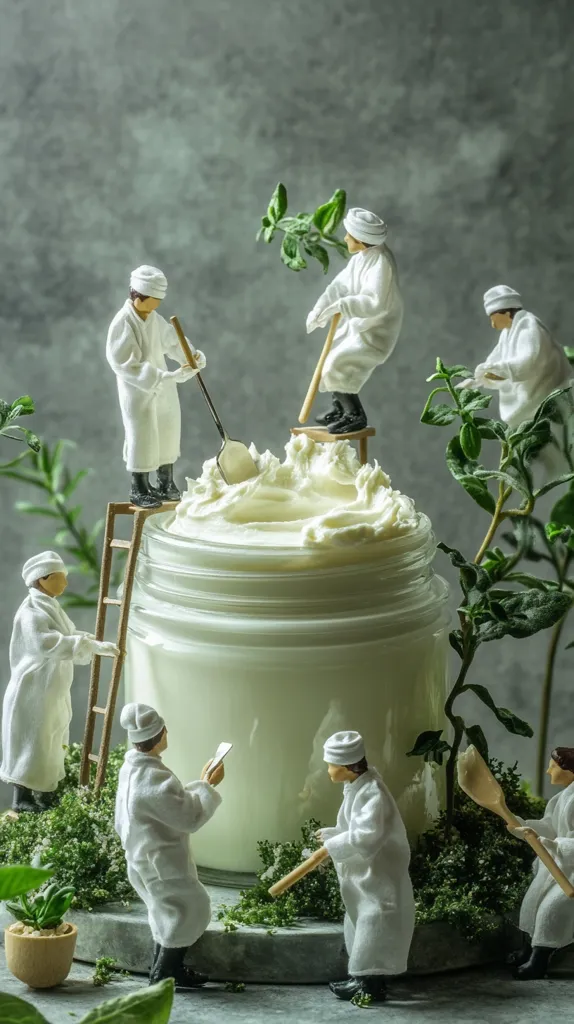 Miniature figures, dressed in white, work collaboratively around a large jar of creamy white substance.  They use ladders, shovels, and spoons, suggesting a process of creation or preparation.  Small green plants surround the jar, adding to the scene's whimsical and artisanal atmosphere.  The overall mood is calm and focused, emphasizing teamwork and meticulous detail.