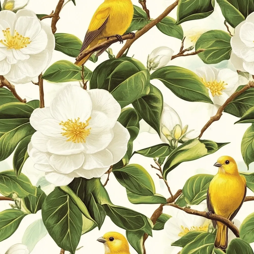 A vibrant illustration showcases a seamless pattern of bright yellow birds perched amongst lush, green leaves and delicate white camellias.  The botanical artwork features detailed rendering of both the birds and flowers, creating a visually appealing and harmonious nature scene.  The white background enhances the color vibrancy, perfect for a variety of design applications.