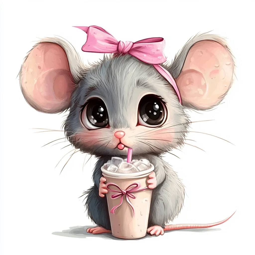An adorable cartoon mouse, grey fur and large expressive eyes, is depicted. It wears a pink bow and holds a iced beverage in a disposable cup, adorned with a small pink ribbon. The mouse's expression is sweet and innocent, creating a charming and heartwarming image.  The style is digitally painted, with soft textures and a focus on cuteness.