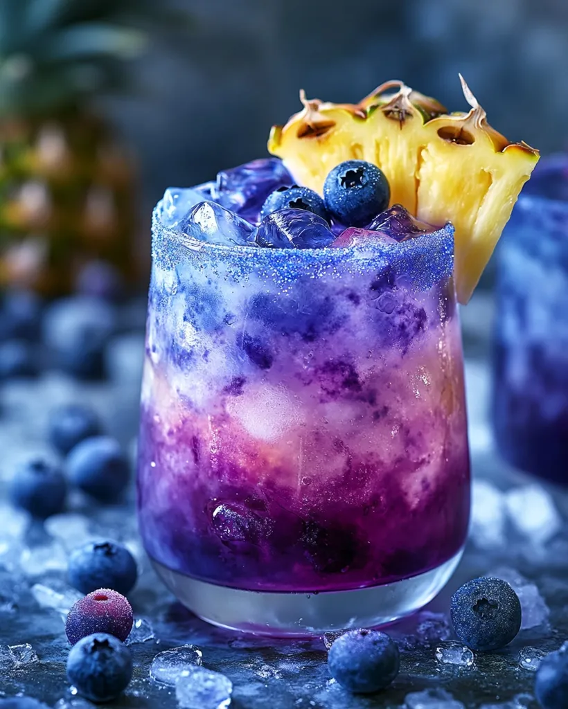 A vibrant purple and blue cocktail, garnished with a pineapple wedge and blueberries, sits on a bed of ice.  The drink is layered, showcasing a gradient of colors.  Fresh blueberries are scattered around the glass, enhancing the cool, refreshing ambiance.  The overall aesthetic is visually stunning, suggesting a tropical, fruity, and possibly alcoholic beverage.