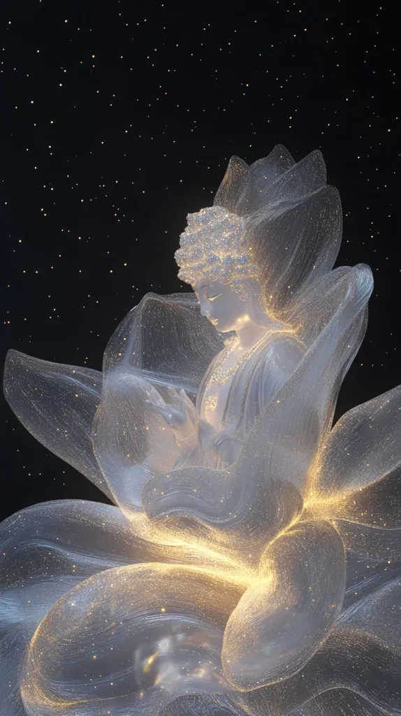 A serene image depicts a translucent, glowing statue of a Buddha seated within a luminous, flowing fabric resembling a lotus blossom.  The figure is rendered in white, subtly illuminated from within, creating a soft, ethereal glow against the dark, star-studded background.  The overall effect is one of peace, tranquility, and spiritual enlightenment.