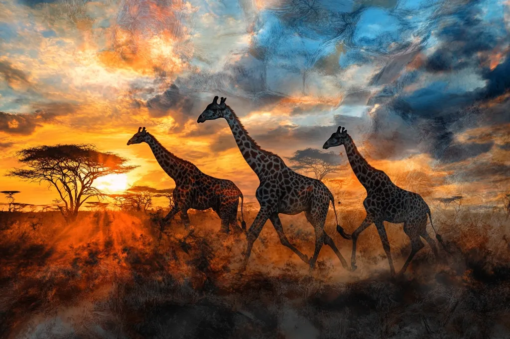 Three giraffes run across the African savanna at sunset.  The vibrant orange and red hues of the sky contrast with the dark silhouettes of the giraffes and acacia trees.  A dramatic, textured sky suggests a blend of reality and artistic interpretation. The scene evokes a feeling of wild beauty and the majestic power of nature.