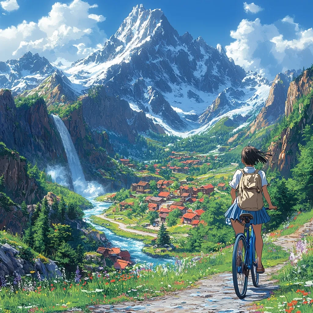 A girl on a bicycle enjoys a scenic view of a picturesque valley nestled in a majestic mountain range.  A rushing river winds through the valley, passing a charming village of red-roofed houses.  A waterfall cascades down a rocky cliffside.  Lush greenery and wildflowers line the path, contrasting with the snow-capped peaks in the distance, under a bright, sunny sky.