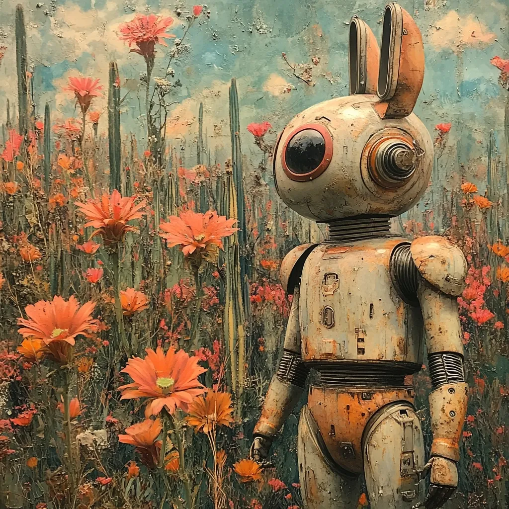 A weathered, rabbit-eared robot stands amidst a vibrant field of orange flowers and tall cacti. The robot's paint is chipped and faded, giving it an antique appearance. The background is a textured landscape of earthy tones, contrasting with the bright blooms. The overall style suggests a blend of surrealism and science fiction, creating a whimsical yet slightly melancholic atmosphere.