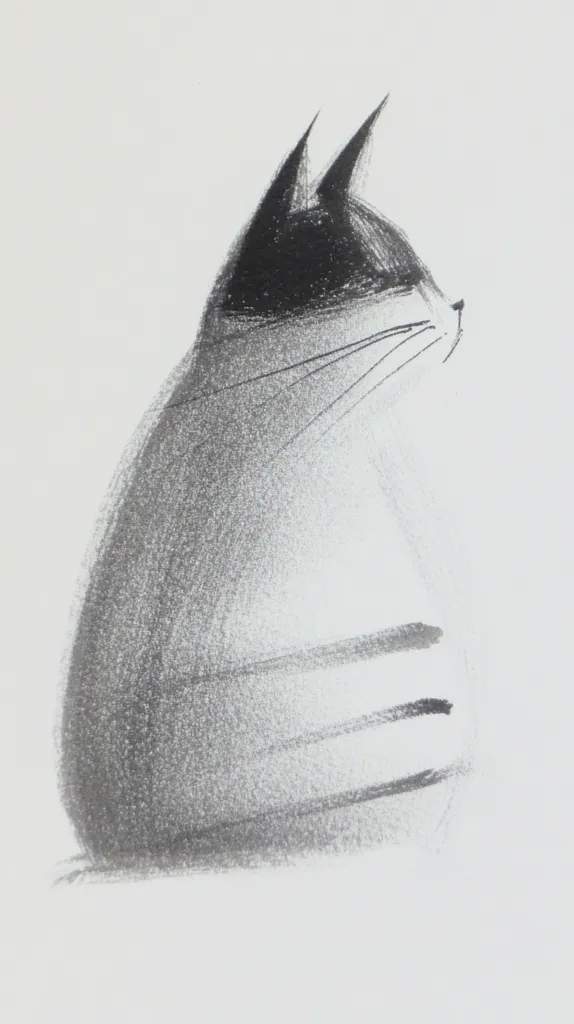A charcoal sketch depicts a cat in profile view, sitting and facing right.  The style is minimalist, with shading creating a sense of volume.  The cat's head is darker, contrasting with a lighter, blurred body.  The background is plain white, highlighting the subject.  The overall impression is one of serene simplicity.