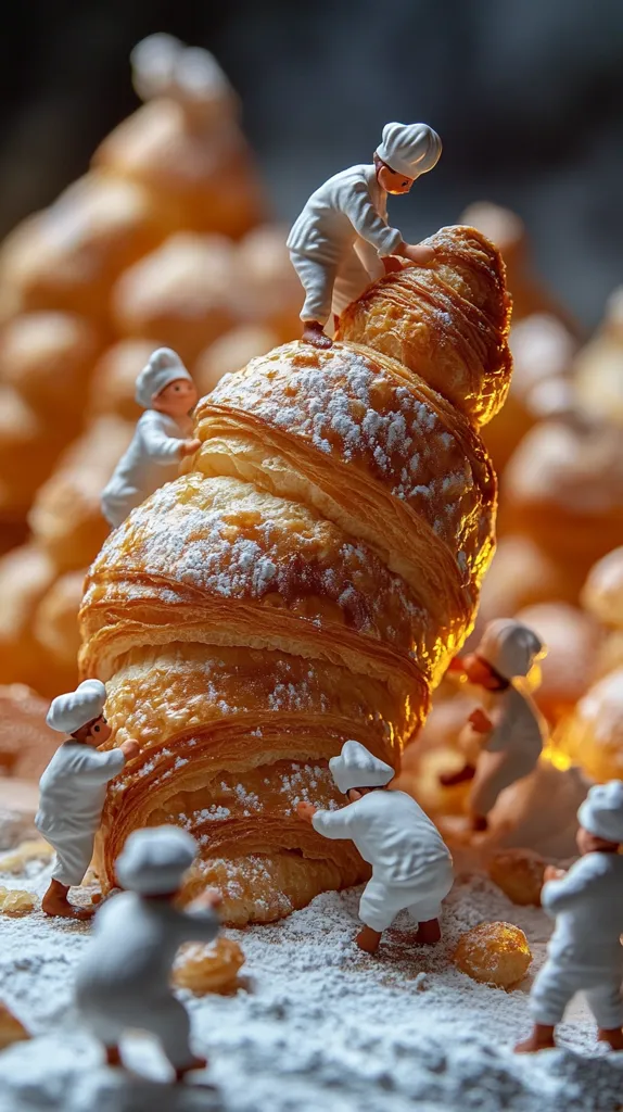 Miniature bakers in chef hats are playfully scaling a large, powdered croissant.  Surrounded by a pile of smaller pastries, they appear to be playfully working together on this oversized baked good. The scene is whimsical and charming, highlighting the contrast between the tiny figures and the enormous pastry.  The overall image is beautifully lit and detailed.