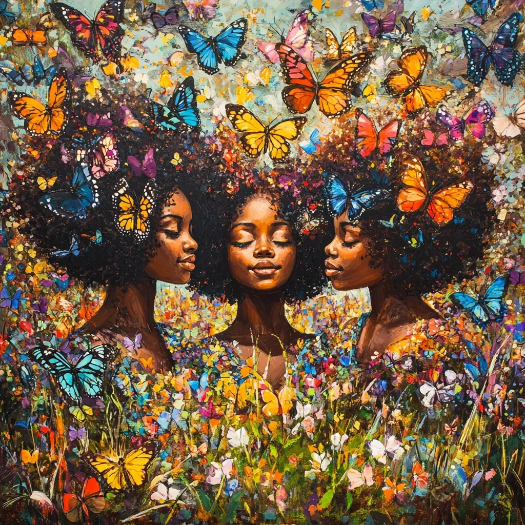Three Black women with vibrant afro hairstyles are depicted amidst a profusion of colorful butterflies and flowers.  Their serene expressions and the surrounding natural beauty create a harmonious and peaceful scene. The painting is rich in texture and color, showcasing a vibrant celebration of Black womanhood and nature's splendor.  Butterflies flutter around their heads, adding to the dreamlike quality of the artwork.