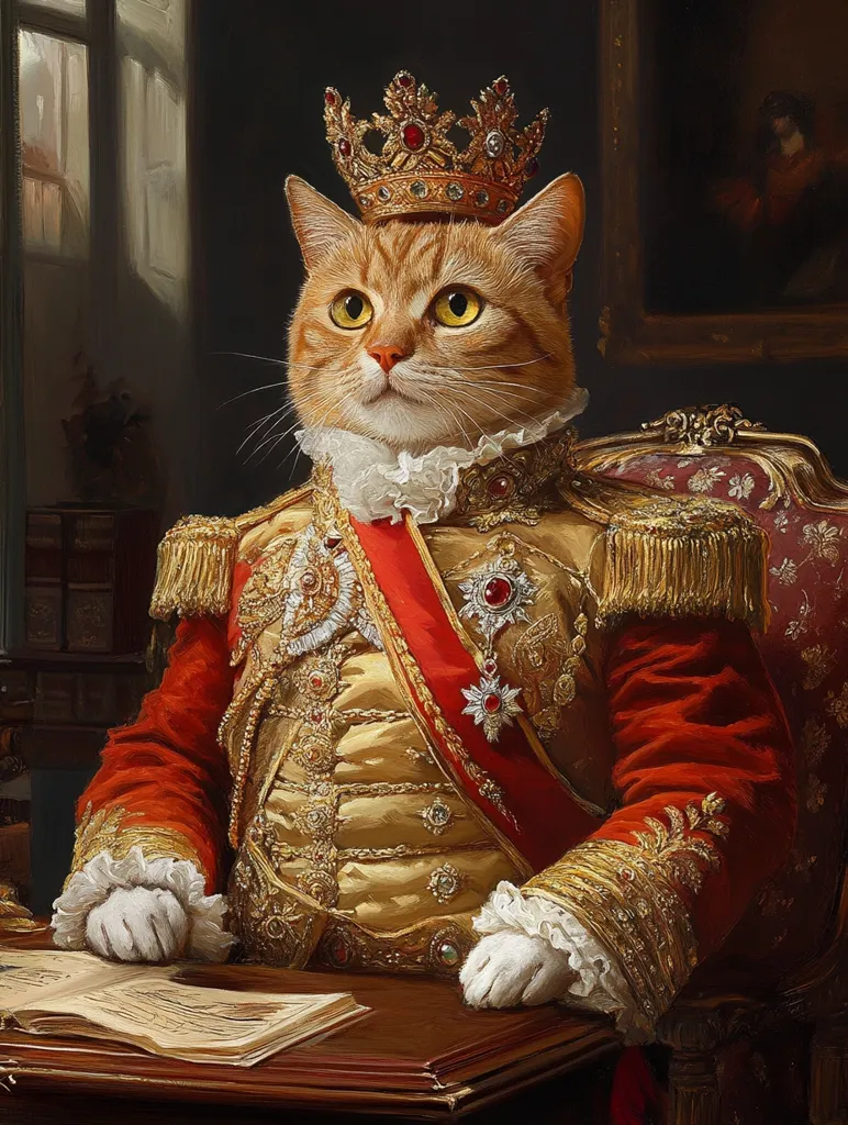A ginger cat, regal and majestic, sits upon a throne-like chair, adorned in opulent royal attire.  A golden crown rests atop its head, and it wears a richly embroidered red and gold robe with a sash.  The cat's expression is one of serious contemplation, paws resting on documents before it, creating a humorous yet elegant royal portrait. The background features a dimly lit room and a painting.