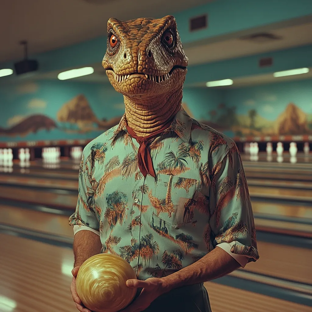 A person with a velociraptor head wears a teal Hawaiian shirt and holds a bowling ball. The setting is a vintage bowling alley, with the pins and lanes visible in the background. The image has a retro, stylized look, with muted colors and a slightly grainy texture. The juxtaposition of the dinosaur head and the everyday bowling alley scene creates a surreal and humorous effect.