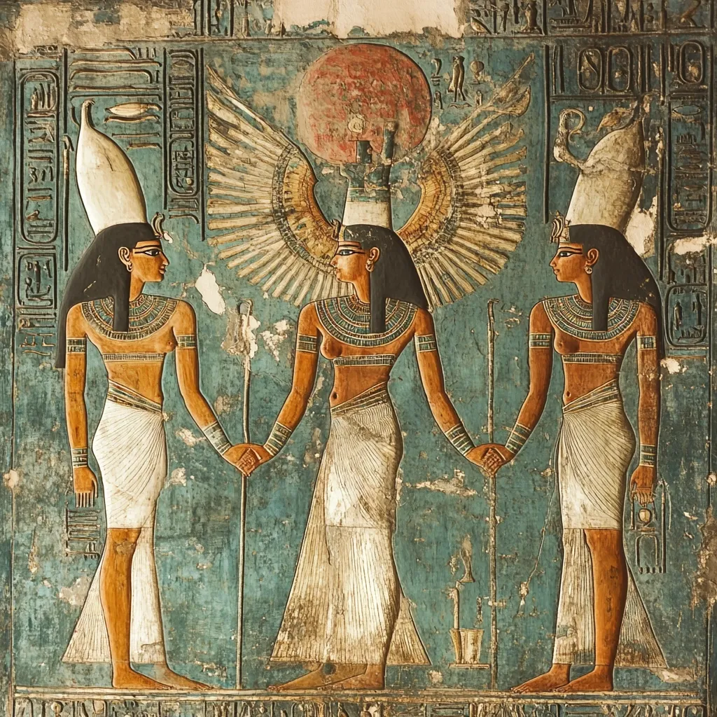 This ancient Egyptian wall painting depicts three women, possibly goddesses, in traditional attire.  The central figure, adorned with a sun-disk headdress and winged crown, stands between two flanking women, each with tall headdresses.  They hold hands, suggesting a symbolic connection or unity. The painting’s teal background is partially weathered, adding to its historical significance. Hieroglyphs surround the figures, adding further context to the scene's narrative.