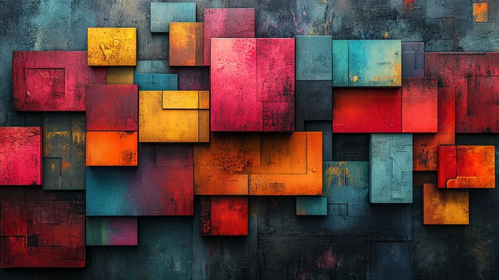 A vibrant abstract artwork featuring a multitude of square shapes in various shades of red, orange, yellow, and teal.  The squares overlap and interlock, creating a dynamic composition with a textured, almost metallic appearance. The color palette is rich and warm, with a contrasting dark background enhancing the overall effect. The image evokes a sense of depth and complexity.