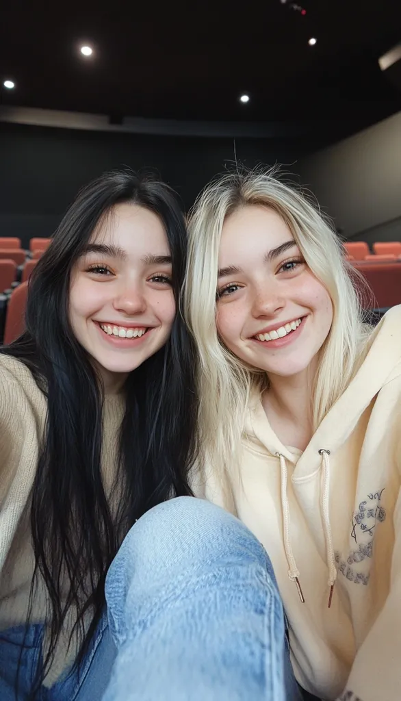 Two young women with contrasting hair colors, one with long black hair and the other with long blonde hair, smile brightly at the camera. They are dressed in casual attire: a cream-colored sweater and jeans.  The setting appears to be a movie theater, with dimmed lights and rows of seats visible in the background.  They are sitting close together, suggesting a friendly relationship.