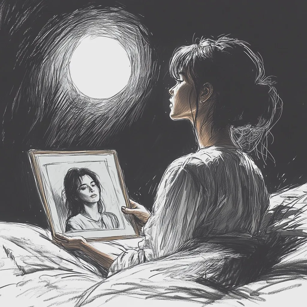 A woman sits in bed at night, illuminated by moonlight. She holds a framed photograph of another woman, her expression melancholic.  The drawing style is sketchy, with heavy use of shading and linework, creating a somber and contemplative mood. The scene evokes feelings of loss or remembrance.
