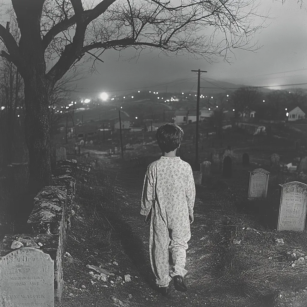 A black and white photograph depicts a young child in pajamas walking away from the camera in a graveyard at night.  The child's back is to the viewer.  In the distance, the lights of a town illuminate the hillside.  A large tree stands to the left, and weathered gravestones are visible on either side of the path. The overall mood is somber and slightly eerie.