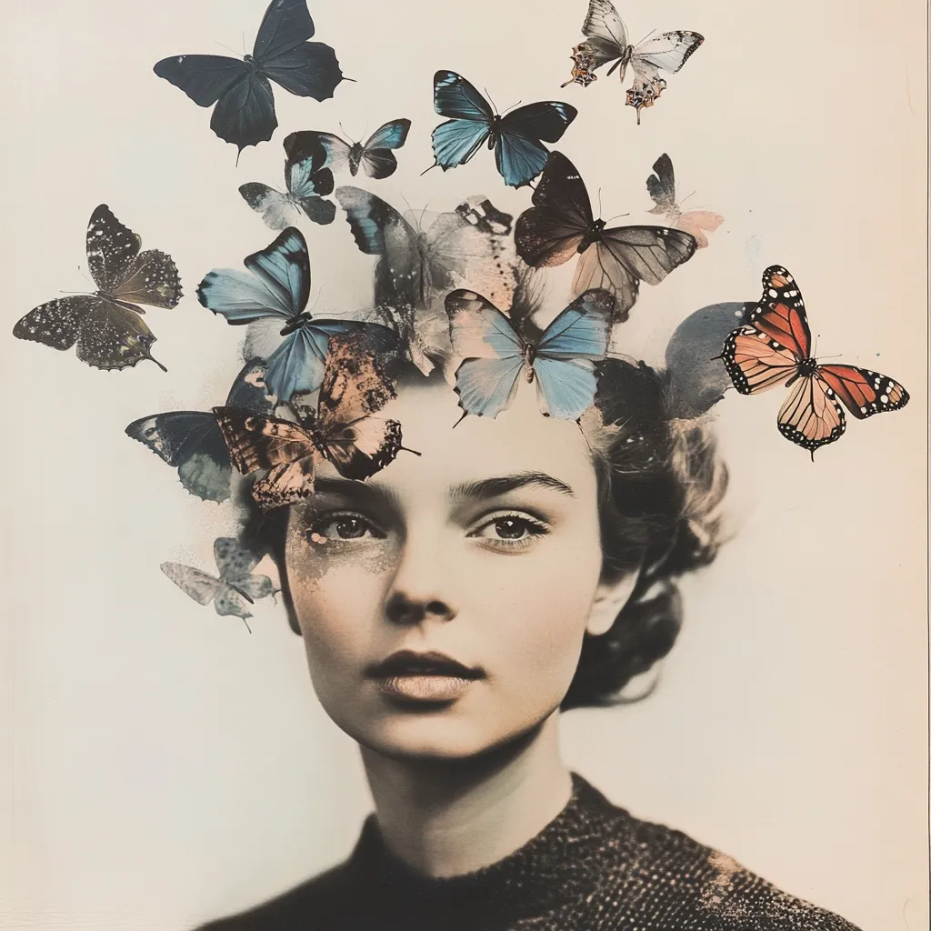 A sepia-toned portrait of a young woman with numerous butterflies artistically arranged around her head.  The butterflies are in various shades of blue, brown, and orange, creating a dreamlike and ethereal effect. The woman's expression is serene and contemplative, enhancing the overall mood of tranquility and mystery. The image is a striking blend of photography and digital art.