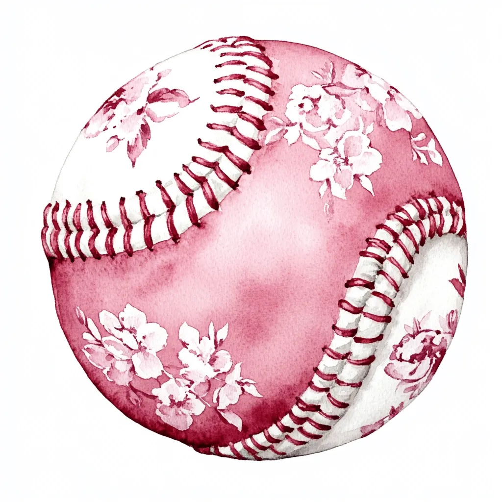 A watercolor painting depicts a baseball covered in a delicate pink and white floral pattern. The pink base is accented with white roses and smaller blossoms, while the stitching is a contrasting maroon. The image is both sporty and feminine, suggesting a unique and possibly handcrafted item. The style is whimsical and charming, suitable for various decorative applications.
