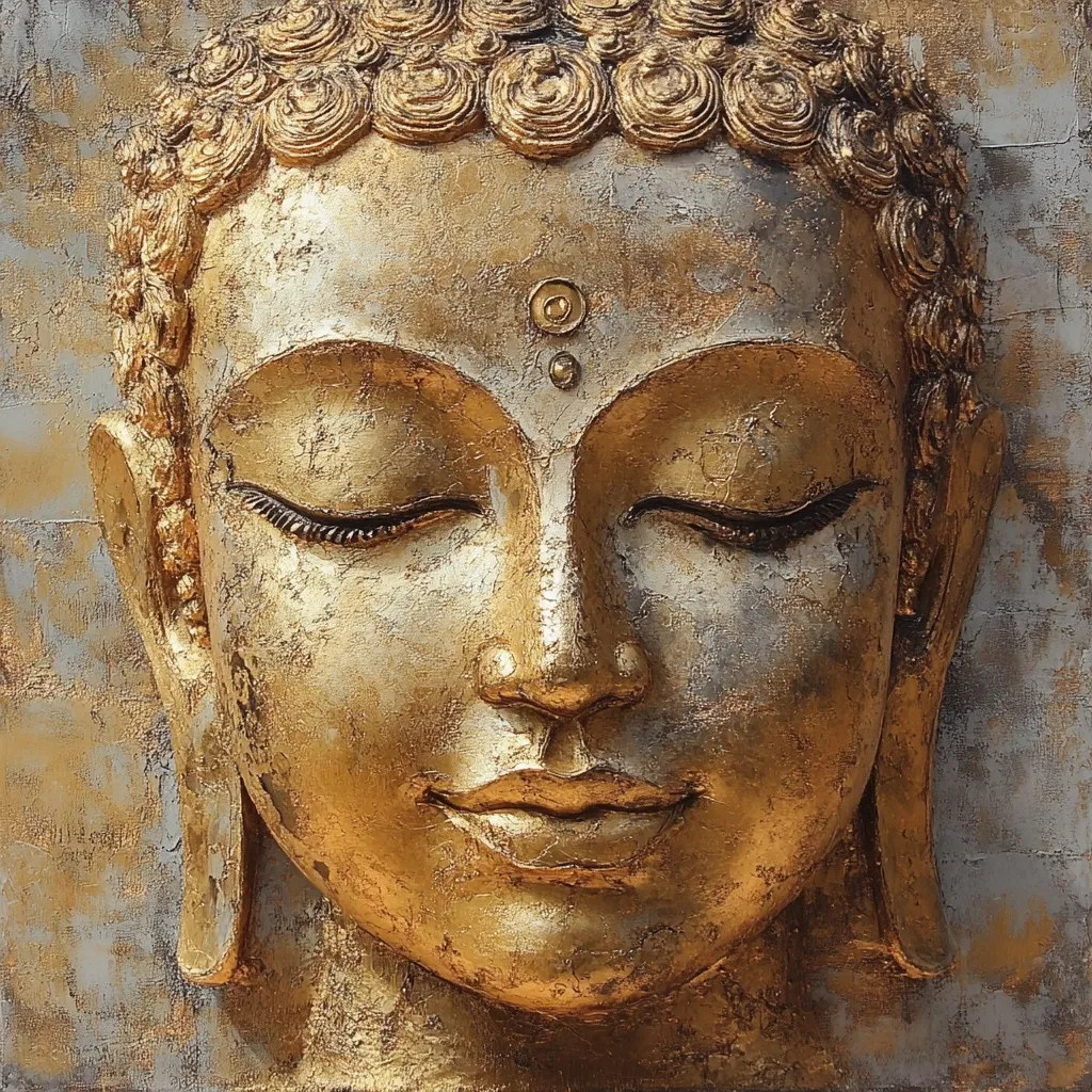 A serene, golden Buddha head is depicted in this artwork.  The textured face, with eyes gently closed, conveys peace and tranquility.  The gold leafing adds to the image's richness and spiritual aura.  The background is a muted grey-gold, enhancing the Buddha's presence as a focal point. The detailed, sculpted hair adds to the three-dimensional effect.