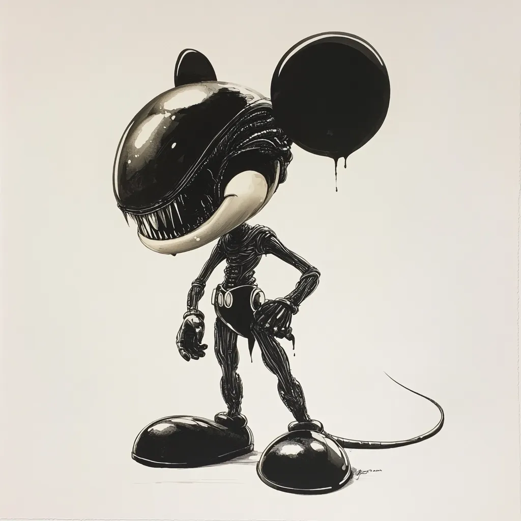 A stylized illustration depicts Mickey Mouse reimagined as a biomechanical creature.  His iconic features are warped, incorporating elements reminiscent of the Alien franchise.  The black, glossy surface of his head and body suggest a metallic, possibly viscous, texture.  The overall aesthetic is dark and slightly unsettling, blending the familiar with the grotesque.  His pose is confident yet menacing.