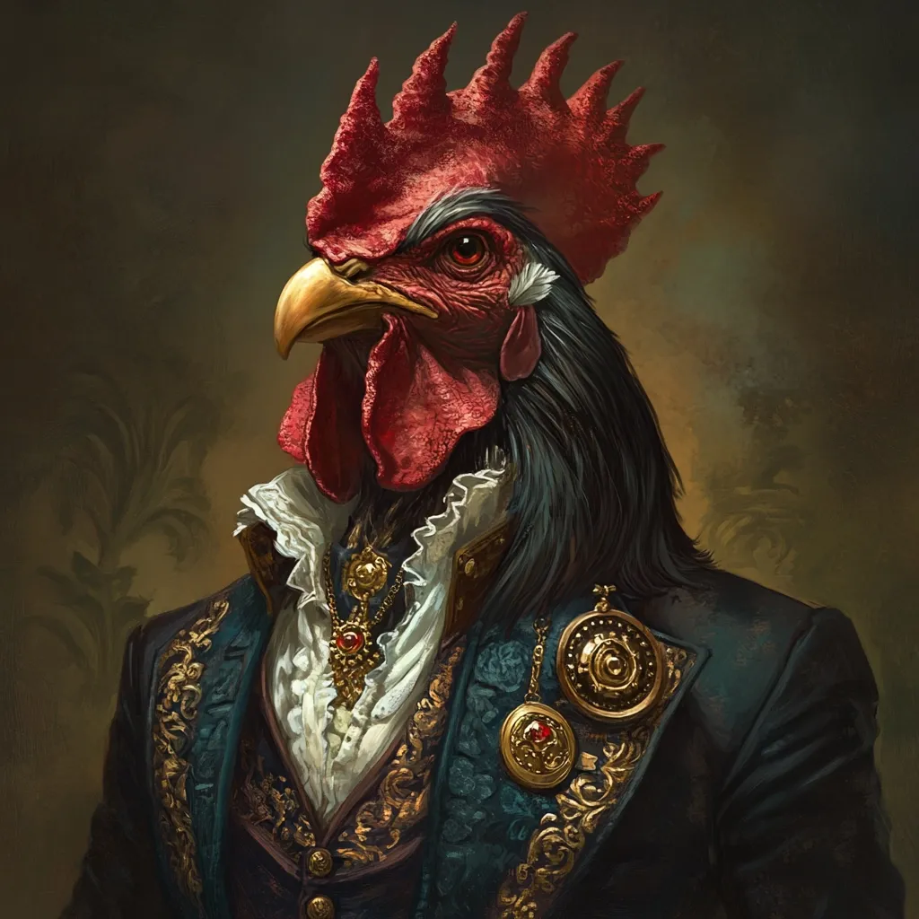 A rooster, rendered in exquisite detail, is depicted in a regal portrait.  He is dressed in an ornate dark teal jacket with gold embellishments, a crisp white cravat, and adorned with several gold necklaces and pocket watches. The rooster's intense gaze and vibrant plumage contrast sharply with the dark, rich background, creating a striking and slightly surreal image. The style suggests a blend of classical portraiture and fantasy art.