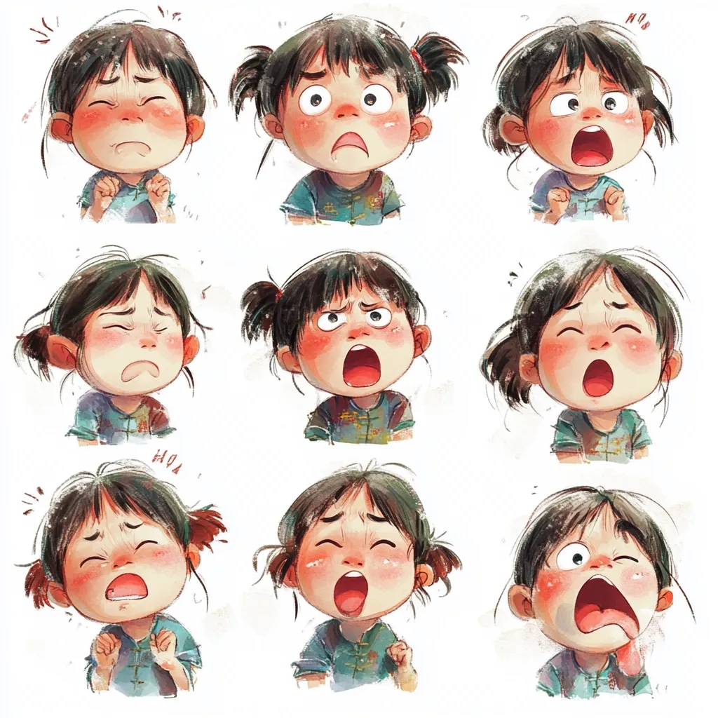 A charming illustration showcases nine variations of a young girl's facial expressions.  Each depiction highlights a different emotion, ranging from sadness and frustration to surprise and outrage.  The girl's dark hair is styled in pigtails, and she's dressed in a teal-colored top.  The watercolor-like style adds a soft, expressive quality to each distinct emotional portrayal.