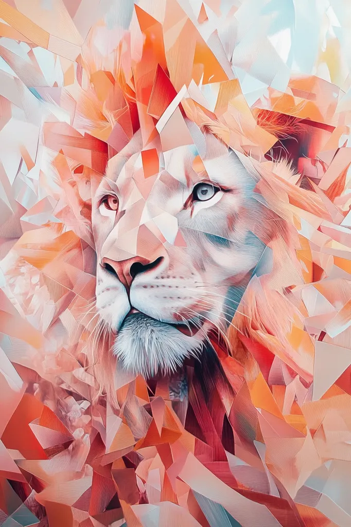 A stylized portrait of a lion's head, rendered in a vibrant palette of peach, orange, and white. The image employs a geometric, fragmented style, creating a crystalline effect around the lion's mane.  The lion's expression is serene, its features subtly defined amidst the sharp angular shapes. The overall effect is a blend of power and delicate beauty.