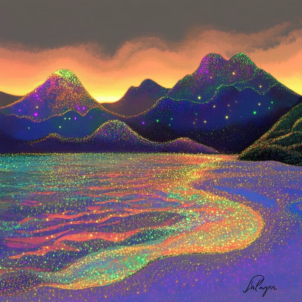 A glittering, iridescent landscape depicts a tranquil beach at sunset.  Sparkling mountains, dusted with vibrant colors, rise from a sea of shimmering, multicolored water.  The sand, similarly glittering, forms a gentle curve leading to the calm waters. The overall effect is one of magical, dreamlike beauty.