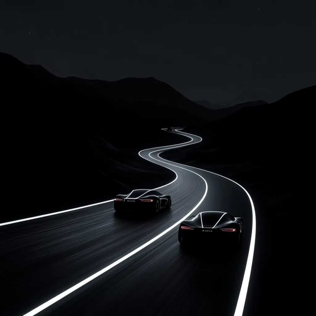 Two sleek, black sports cars speed along a winding mountain road at night.  The road is brightly illuminated by glowing white lines, creating a dramatic contrast against the dark landscape. The cars appear futuristic and are traveling at high speed, leaving motion blur trails behind them. The scene is atmospheric and evokes a sense of adventure and freedom.