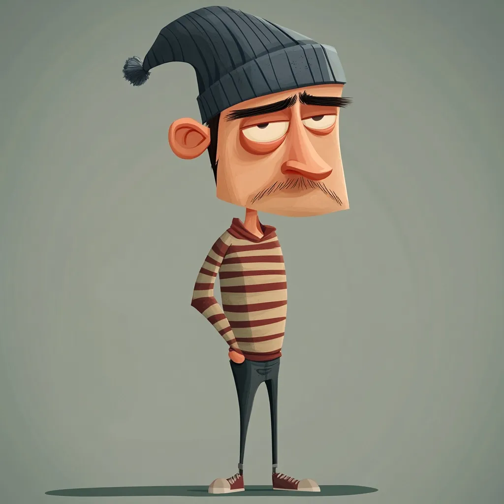 A stylized cartoon illustration of a man with a bored expression. He wears a gray knit beanie, a horizontally striped sweater in maroon and beige, dark pants, and red shoes. His hands are in his pockets.  The character has a noticeably large head and a flat, almost rectangular, face with a small mustache.  The overall style is minimalist and slightly melancholic.