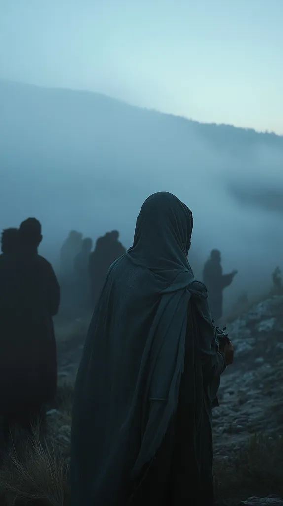 A lone figure, cloaked and hooded, stands on a misty mountainside.  The individual's back is to the camera, their face obscured.  Other shadowy figures are visible in the background, also cloaked, creating a sense of mystery and isolation.  The overall atmosphere is somber and atmospheric, with the fog adding to the feeling of seclusion.