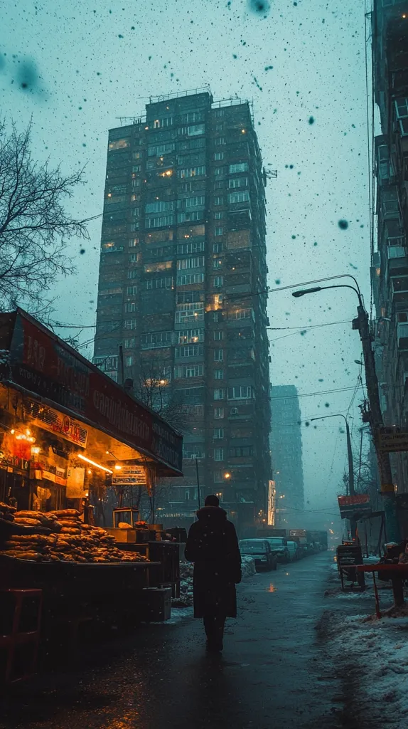 A lone figure walks down a snow-dusted street, past a brightly lit street food stall.  A tall, imposing apartment building dominates the background, its windows glowing warmly against the dark, wintry sky.  Snow falls steadily, creating a moody, atmospheric scene.  Cars are parked along the street, adding to the quiet, urban ambiance. The overall tone is melancholic and serene.