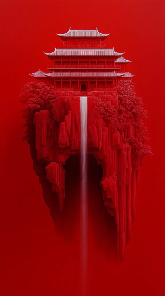 A crimson-hued artwork depicts a multi-tiered pagoda perched atop a rocky island, a waterfall cascading from its base. The island, rendered in textured red, is surrounded by stylized trees, creating a dramatic, almost surreal scene against the solid red background.  The monochromatic palette emphasizes the architectural details and the verticality of the waterfall.  The overall impression is one of serenity and mystical beauty.