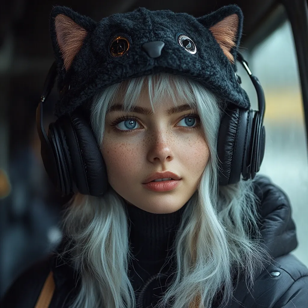 A young woman with pale skin and light gray hair wears oversized black headphones with cat-ear head warmers.  She has freckles and blue eyes, and her expression is pensive.  She's dressed in dark clothing, suggesting a cool and stylish aesthetic. The image has a moody, atmospheric quality.