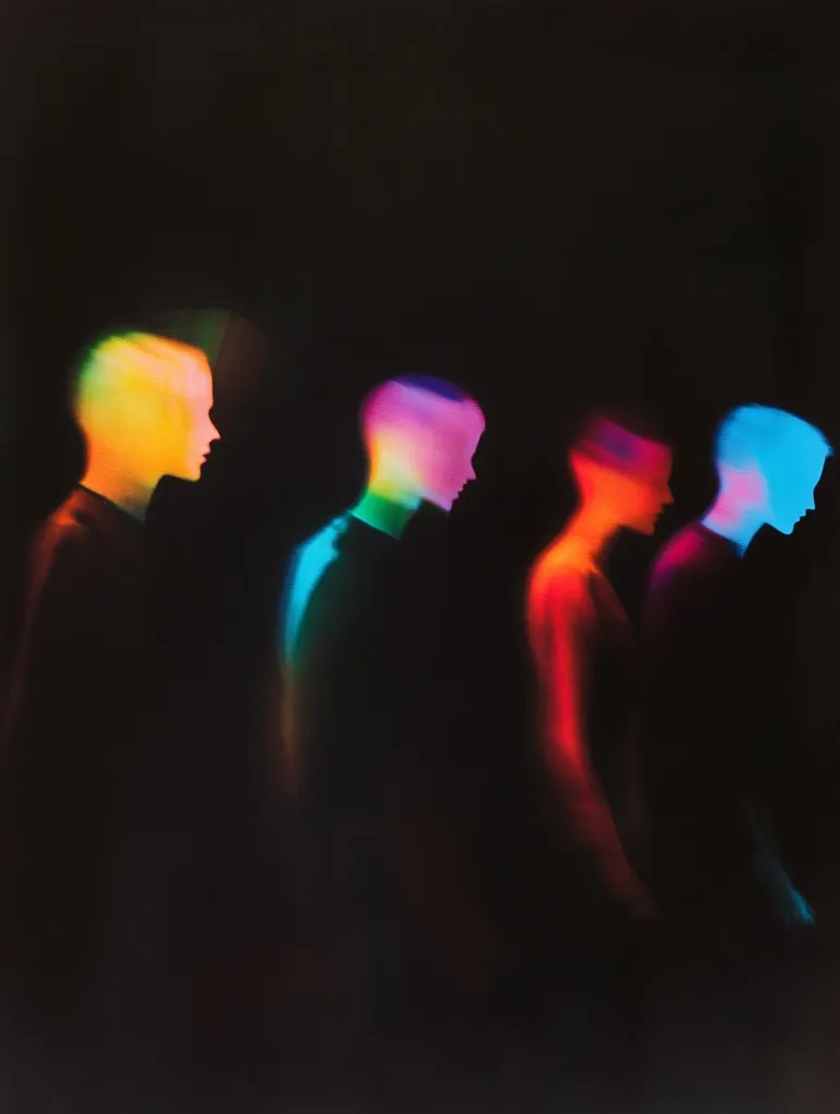 Four figures are depicted in profile, their heads and shoulders illuminated by vibrant, multicolored light against a stark black background.  The colors shift from a warm yellow-orange through to a cool teal, creating a sense of movement and energy. The figures appear to be in motion, blurred slightly, adding to the dynamic atmosphere of the image. The overall effect is striking and abstract, with a strong emphasis on color and form.