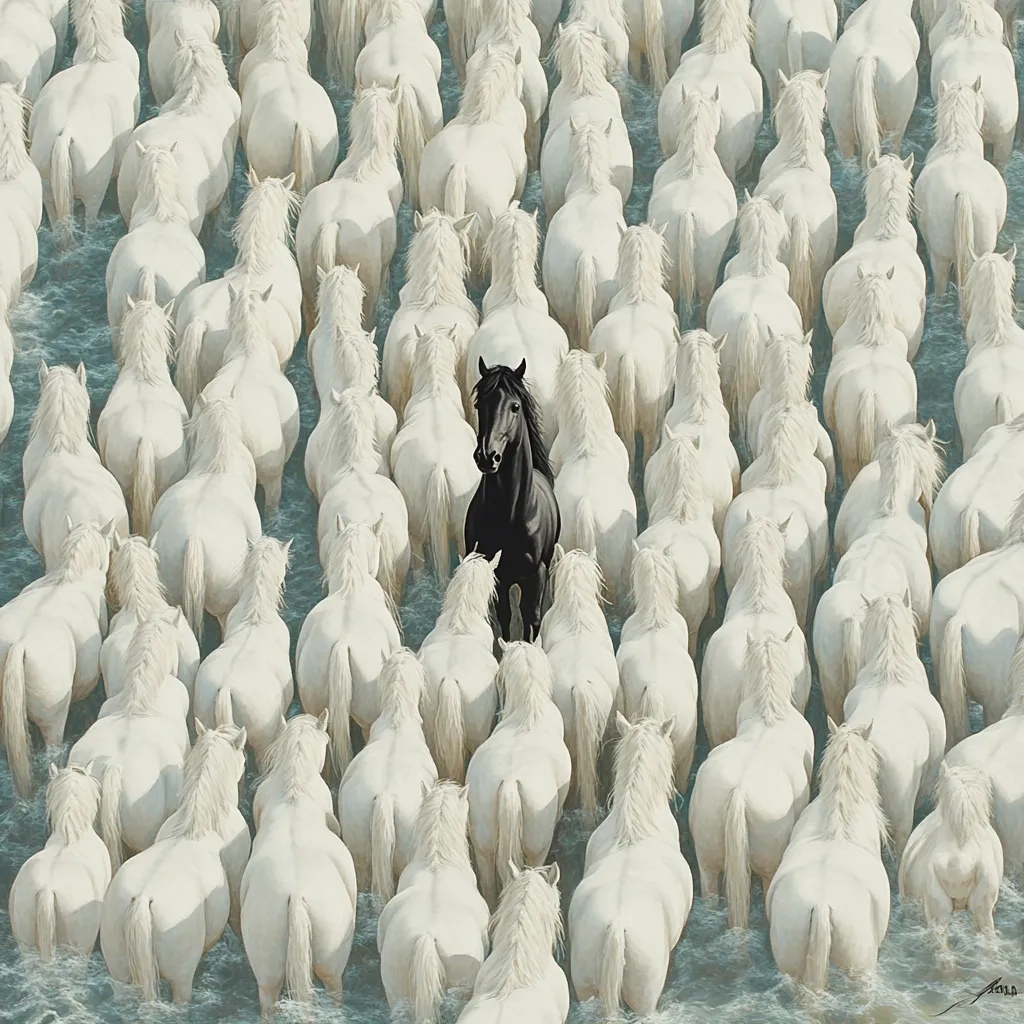 A single black horse stands defiantly amidst a large crowd of white horses. The black horse faces the viewer, while the white horses are all facing away, creating a striking visual contrast. The scene is peaceful yet powerful, suggesting themes of individuality, standing out, or resisting conformity.  The horses appear to be wading in shallow water.