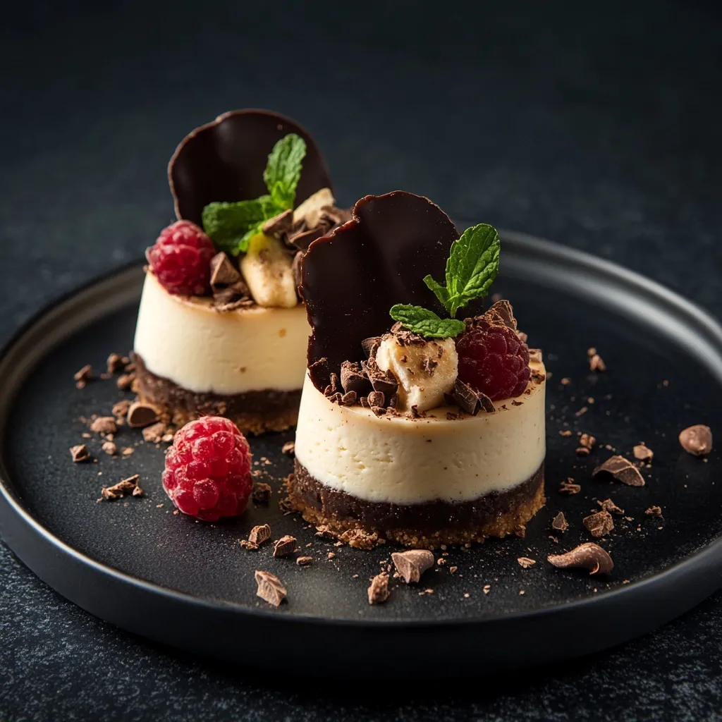 Two elegant mini cheesecakes are artfully arranged on a dark plate.  Each creamy cheesecake is layered on a chocolate crumb base and topped with fresh raspberries, sliced banana, chocolate shavings, a chocolate curl, and a sprig of mint.  The dark background enhances the desserts' rich colors and textures.  Scattered chocolate pieces add a final touch of decadence.