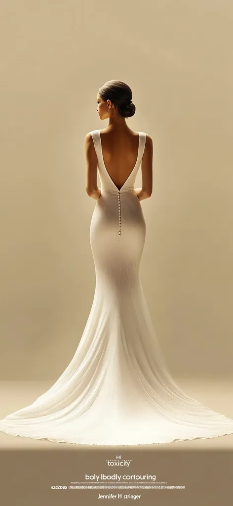 A woman with her hair in a bun stands with her back to the camera, wearing a form-fitting, backless white wedding gown with a long train. The dress features a deep V-neck and a subtle button detail down the back.  The image is minimalist, with a neutral beige background, highlighting the elegant simplicity of the dress. The brand name "toxicity" and designer are subtly displayed at the bottom.