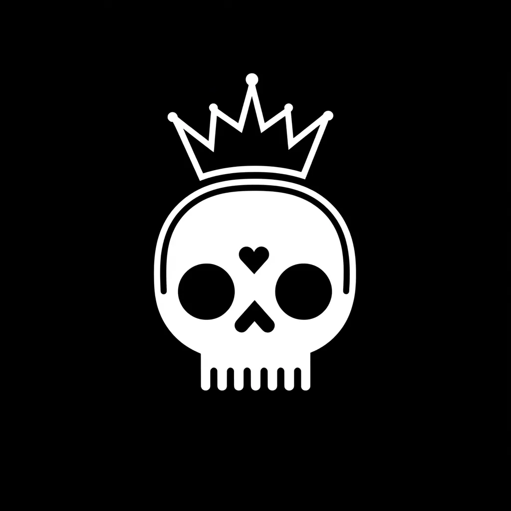 A stylized white skull, adorned with a simple crown, is set against a stark black background.  The skull features simplified features, including circular eye sockets and a small heart-crossed design on its forehead. The crown sits atop the skull, adding a touch of regal irony to the otherwise morbid imagery. The graphic is bold and minimalist in style.