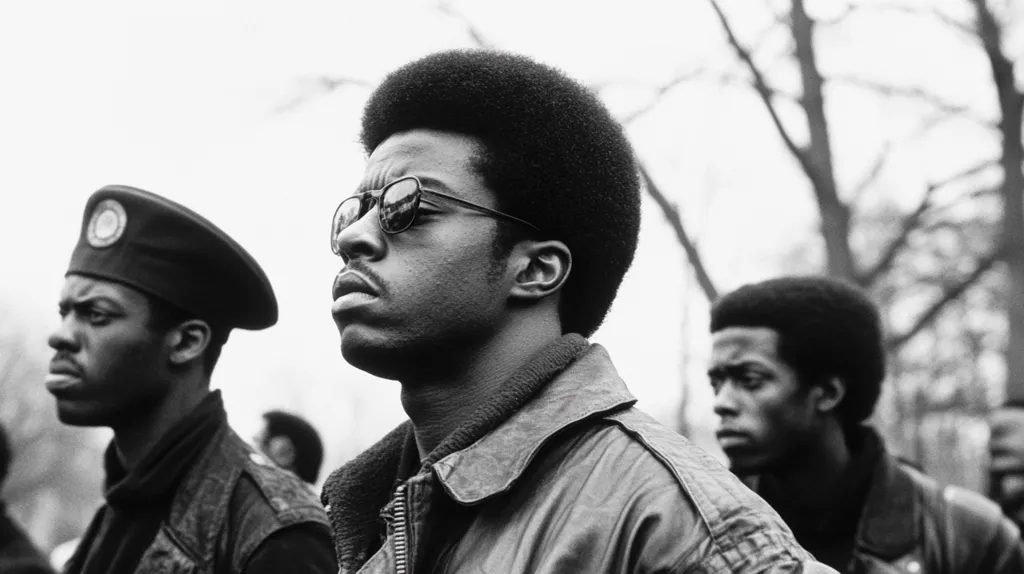 A black and white photo captures three young Black men, possibly part of a protest or demonstration.  The central figure, wearing sunglasses and a leather jacket, looks to the side with a serious expression.  To his left, a man in a dark beret stands, his gaze directed forward. Another man with an afro is partially visible to the right.  Bare trees form a blurry background, suggesting an outdoor setting. The image conveys a sense of strength and defiance.