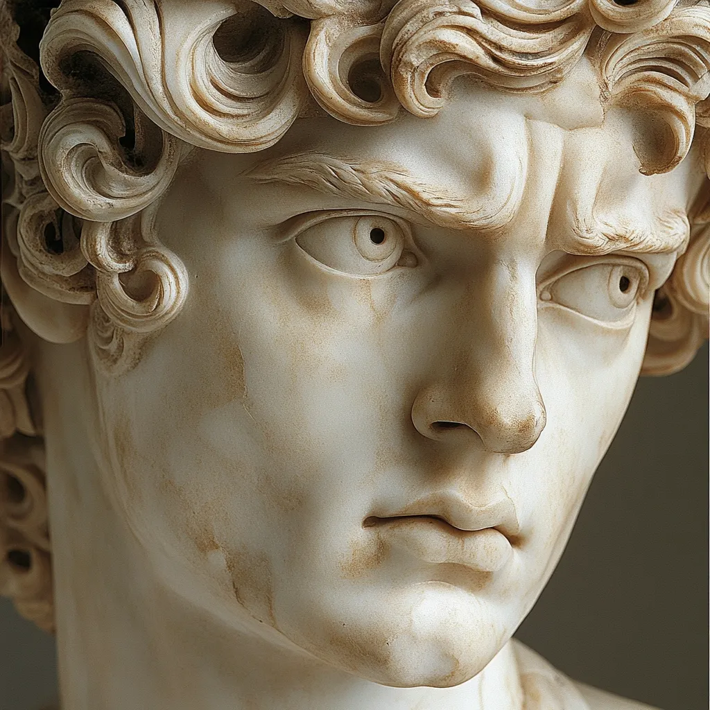 A close-up view of a marble bust, possibly depicting a young man.  The sculpture showcases intricate detail in the curly hair and facial features, notably the expressive eyes and slightly downturned mouth suggesting a pensive or melancholic mood. The marble's texture and subtle discoloration add to the artwork's aged beauty.  The lighting highlights the three-dimensionality of the sculpted form.