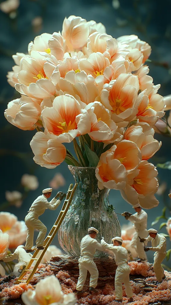 A large bouquet of pale orange tulips sits in a frosted glass vase.  Miniature figures in white sailor suits meticulously work around the base of the vase and appear to be cleaning or repairing it. The scene is set against a dark, moody background, creating a whimsical and surreal contrast between the delicate flowers and the industrious figures.