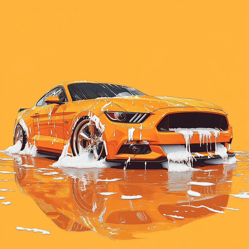 A vibrant orange Ford Mustang, covered in soapy foam, sits partially submerged in water.  The car is gleaming, reflecting its surroundings in the still water.  White suds cascade from the vehicle's body, creating a dynamic and clean aesthetic against the warm orange background. The image is stylized, possibly digitally enhanced, with a focus on the car's sleek lines and the contrast of color and texture.