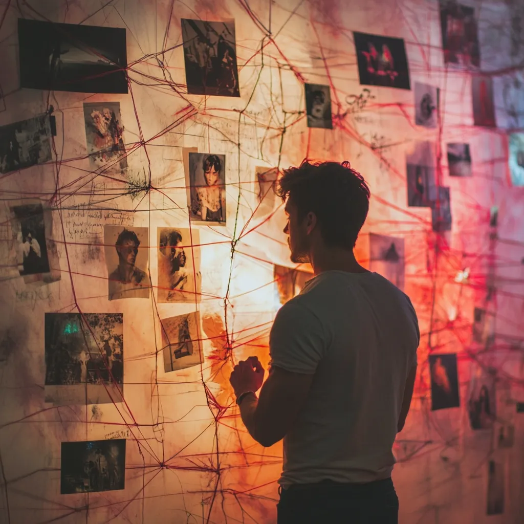 A young man stands before a wall adorned with numerous photographs and handwritten notes, interconnected by a network of red strings.  The warm, dimly lit space creates a moody atmosphere. The wall acts as a complex visual tapestry, suggesting memories, connections, or a narrative unfolding. The man's focused posture hints at contemplation or investigation.  The overall scene is artistic and evocative.